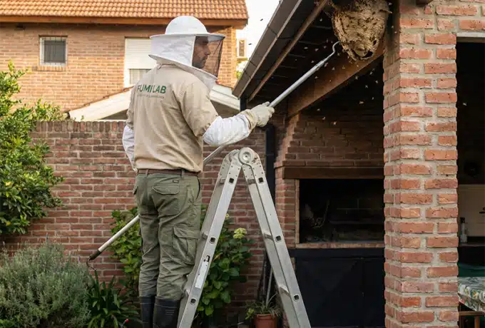 Eliminación de nido de avispas en techo de vivienda en CABA realizada por técnico especializado