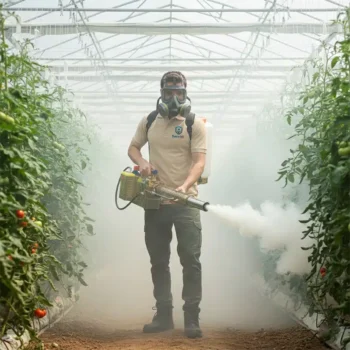 Fumigación con termonebulizadora en invernadero para control de plagas en cultivos