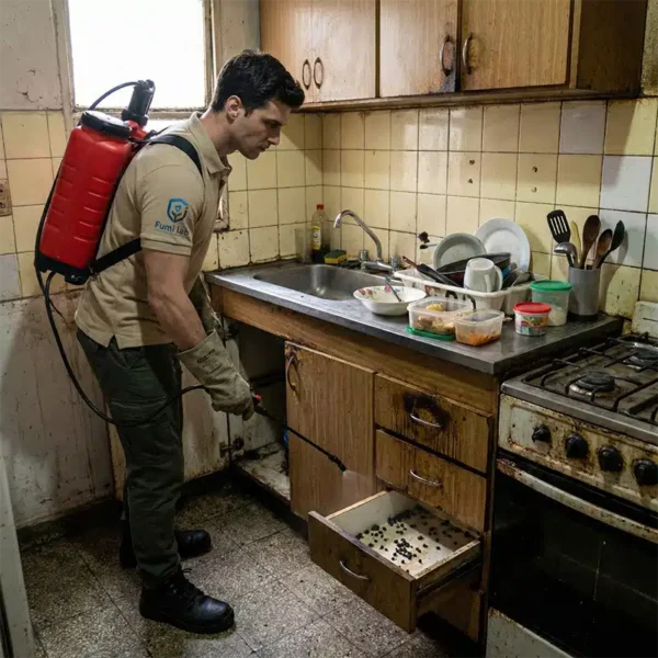 Fumigación de cucarachas en cocina de departamento en CABA realizada por técnico profesional