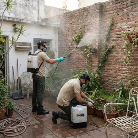 Fumigación profesional en patio y jardín de vivienda en CABA realizada por técnicos certificados de Fumilab